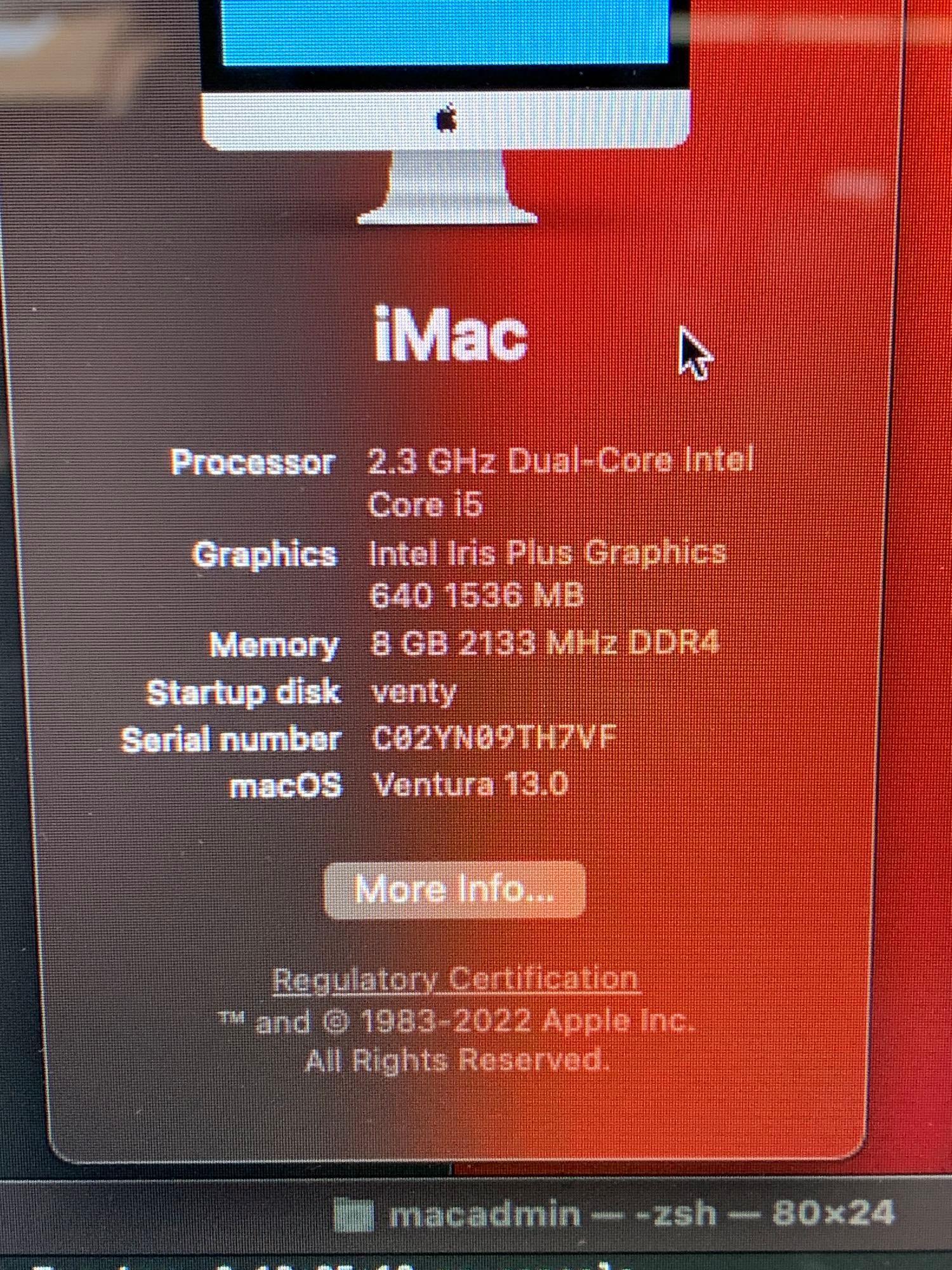 Apple A1418 iMac18,1 21.5" Intel i5-7360 2.3GHz 8GB 1TB Wifi BT Ventura 2017 Fair