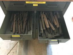 Drawer file of assorted 1/4"-3" Morse taper drills and reamers