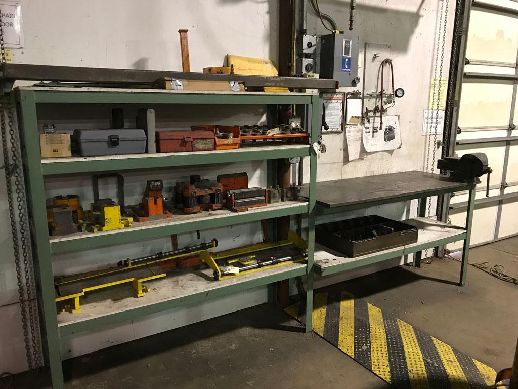 All steel green shelf & workbench (welded together) with vise, 19" X 60" L