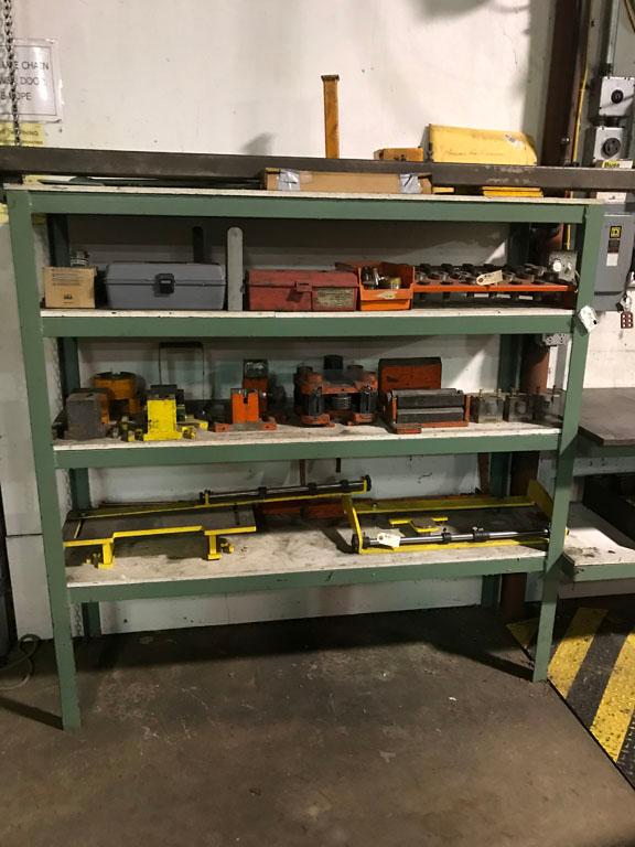 All steel green shelf & workbench (welded together) with vise, 19" X 60" L