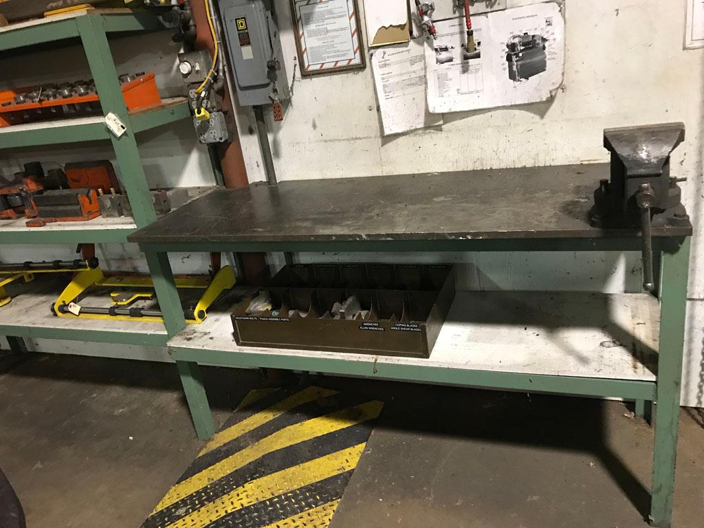 All steel green shelf & workbench (welded together) with vise, 19" X 60" L