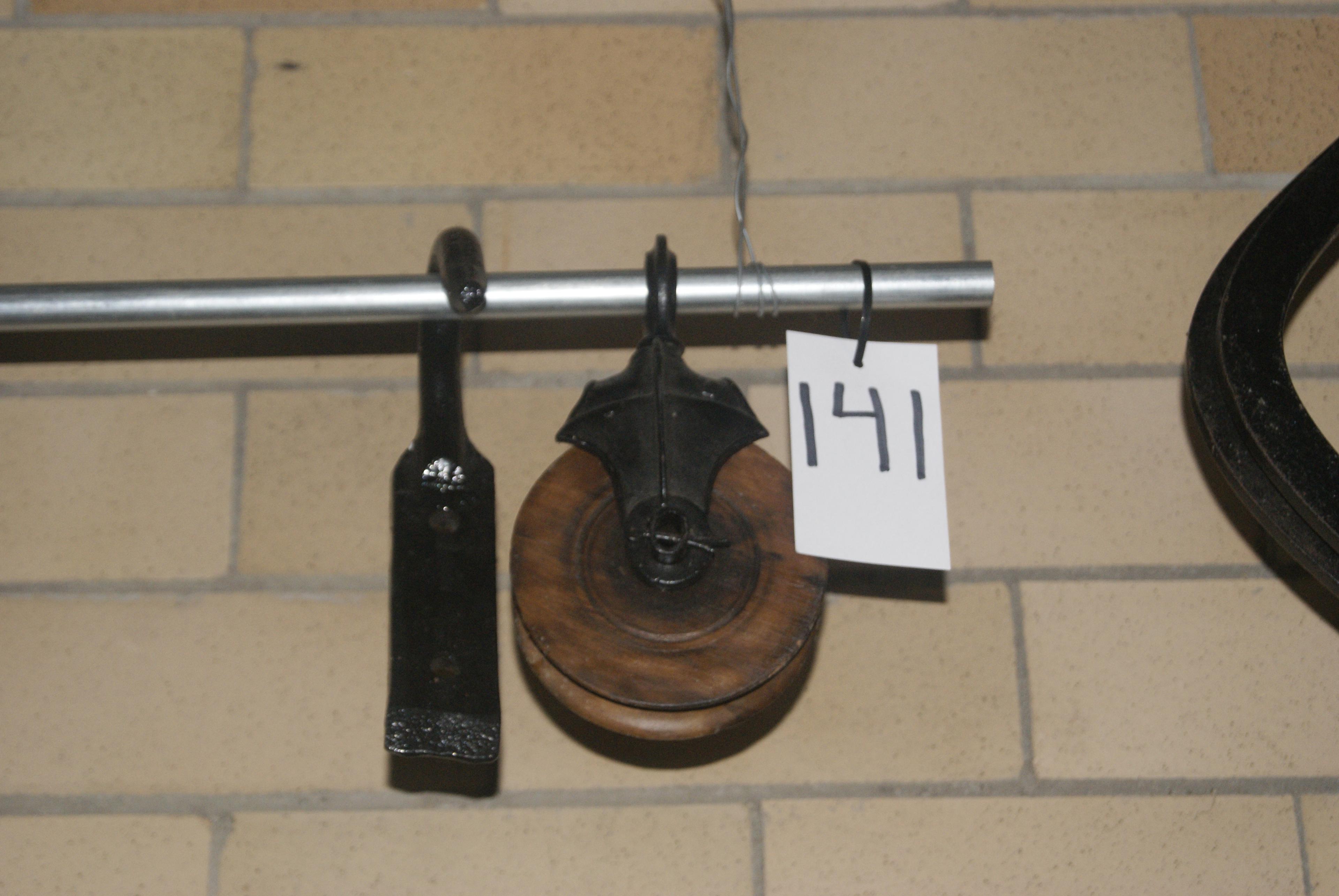 WOODEN PULLEY AND IRON TOW HOOK