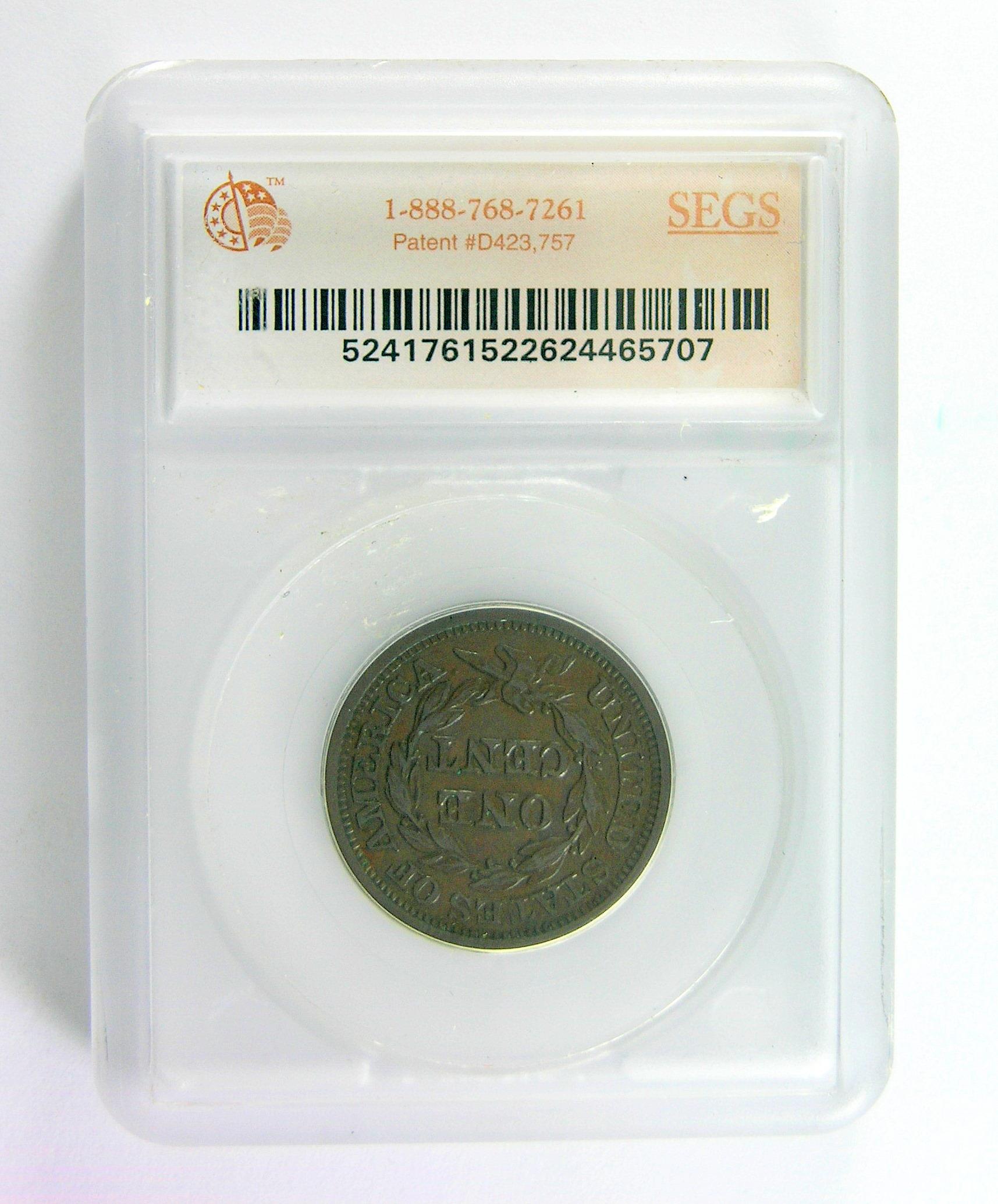 13.  1845  U.S. Liberty Head Large Cent. Certified SEGS AU-50