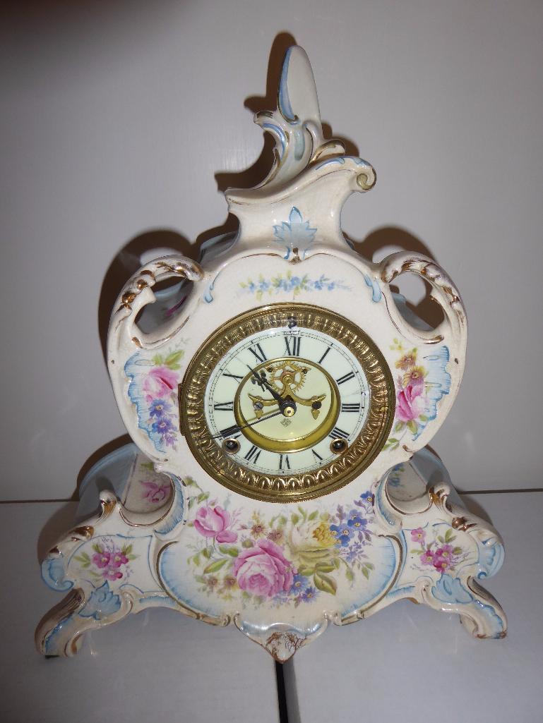 MAKER: Ansonia - Model: La Vendee - c. 1904 - Case: Royal Bonn Porcelain - Dlal: White Porcelain w/A