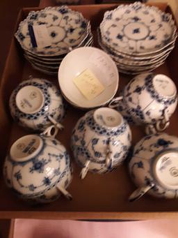 Royal Copenhagen Blue Fluted Full Lace Pierced China 12 Teacups and 13 Saucers (Total 25 Pcs.)