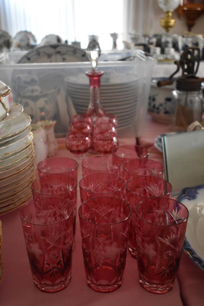 Etched Bohemien Ruby Glass, Cruet & Wine Glasses & Tumblers (17pcs)