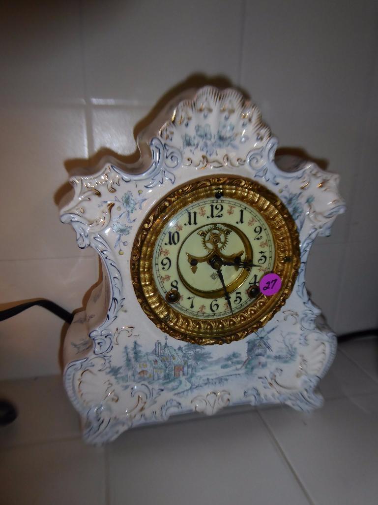 Maker: Ansonia - c. 1900 - Model: possibly Saranac - Movement: 8-day time strike - Case: Delft