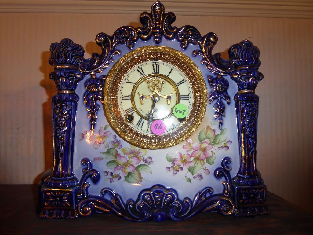 MAKER: Ansonia - Model: Register - c. 1901 - Case: Cobalt Royal Bonn Porcelain w/columns and Flowers