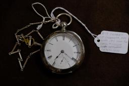 Columbia Watch Co. 11 Jewels Coin Silver w/Chain and Key Open Face,...Working Order