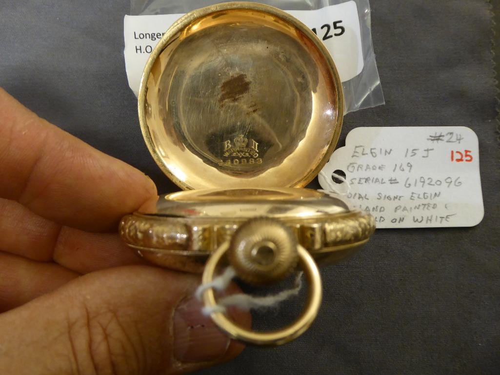 Elgin Ornate Dial and Hands, Lever Set, Side Winder, Gold Filled 15 Jewels Hunter Case, Hand painted
