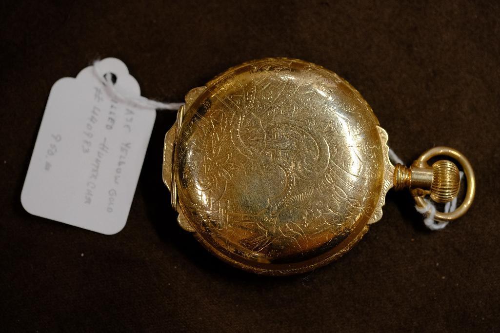 Elgin Ornate Dial and Hands, Lever Set, Side Winder, Gold Filled 15 Jewels Hunter Case, Hand painted