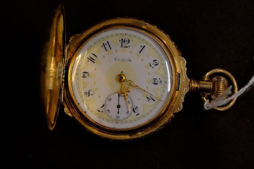 Elgin Ornate Dial and Hands, Lever Set, Side Winder, Gold Filled 15 Jewels Hunter Case, Hand painted