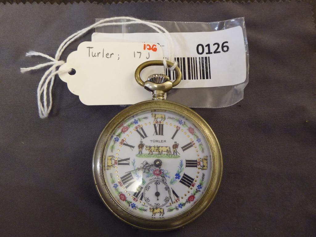 Turler Open Face Decorated Cattle Theme Dial and Cattle Engraved Case, 17 Jewels,...Working Order