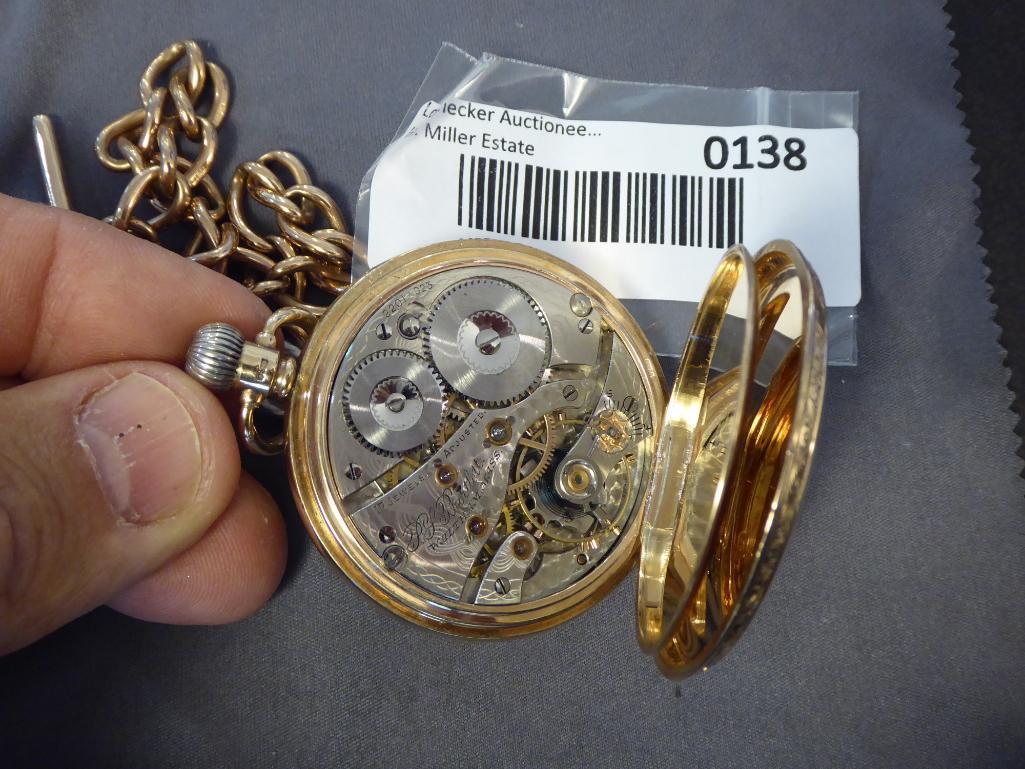 Watham Watch Co Open Face Lever Set, 17 Jewels, 9 K Gold, Face excellent; w/ 9K gold chain; Side