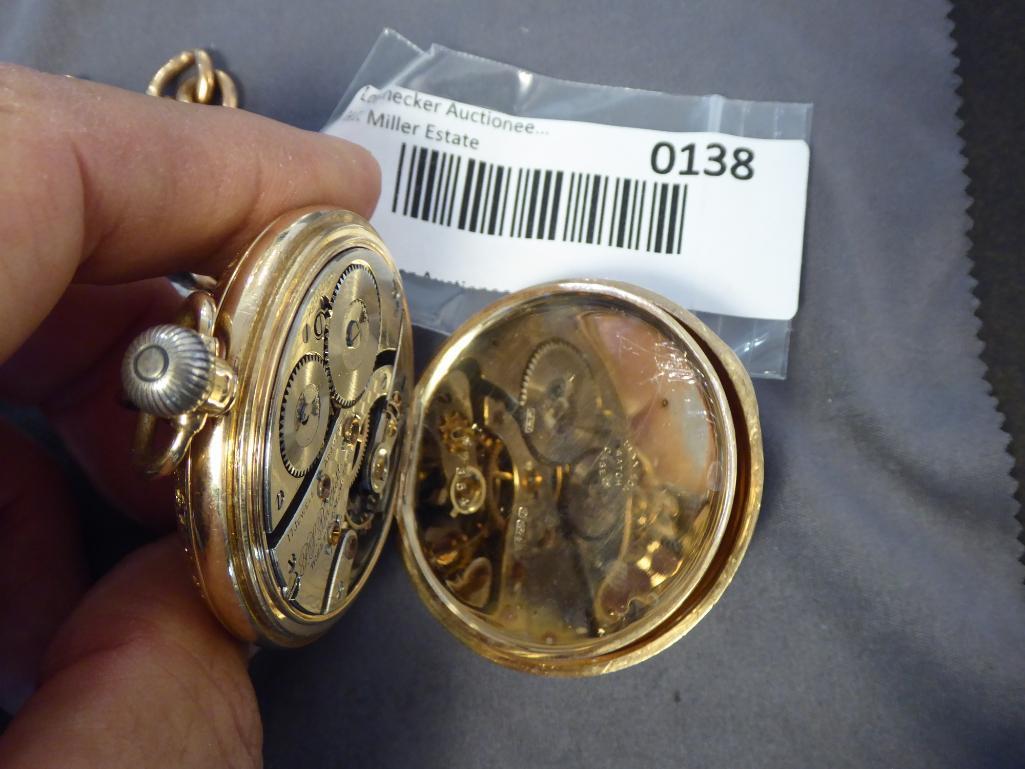 Watham Watch Co Open Face Lever Set, 17 Jewels, 9 K Gold, Face excellent; w/ 9K gold chain; Side
