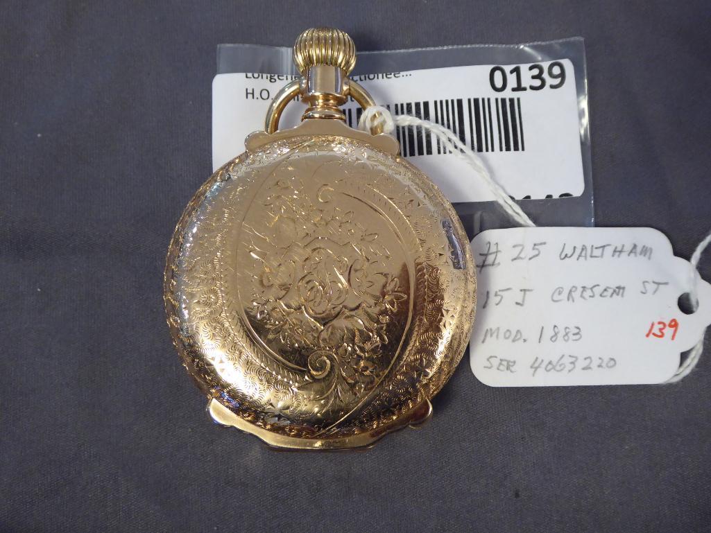 Waltham Watch Co. Hunter Case 14 K Gold, Lever Set, Stag Engraved, 15 Jewels, Side Set,...Runs
