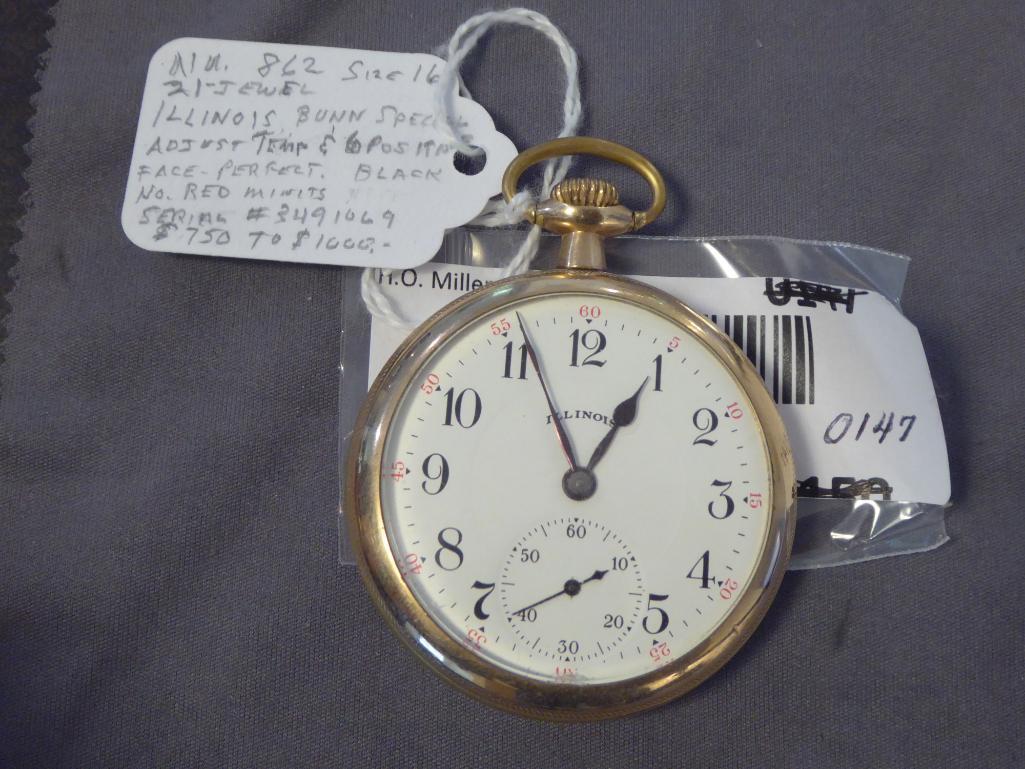 Illinois Watch Co, Lever Set, Open Face, 21 Jewels,...Face in good cond; 5 min marks in red; front