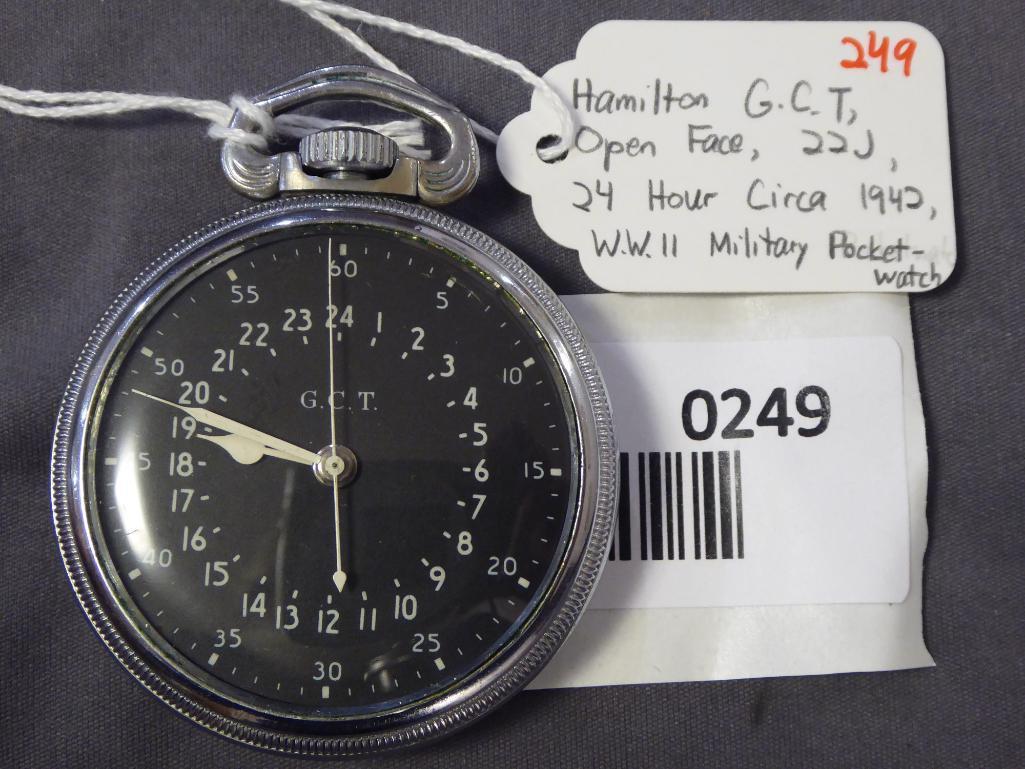 Hamilton, G. C. T., Open Face, 22 Jewels, 24 Hour Circa 1942, W.W.II Military Pocketwatch, runs