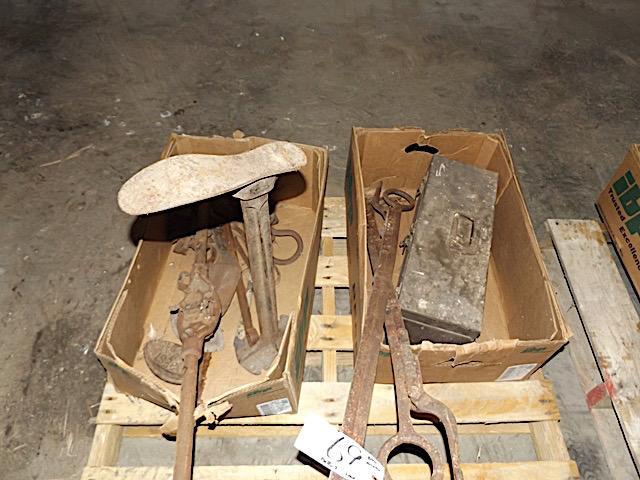 Pallet of old die, sad irons, shoe tools, wood box
