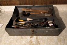 TOOL BOX, 3 HAMMERS, 2 MULTI WRENCHES, MISC HARWARE ITEMS