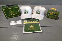 2 NORTHWEST TRACTOR CO HATS,2  JOHN DEERE LUNCH PALES, JOHN DEERE DOG T-SHIRT