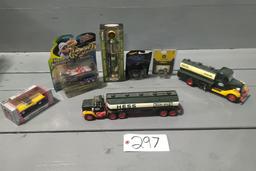 FISHING BOAT AND TRAILER, PUMP, 2 GAS TRUCKS, OTHER MISC TOYS