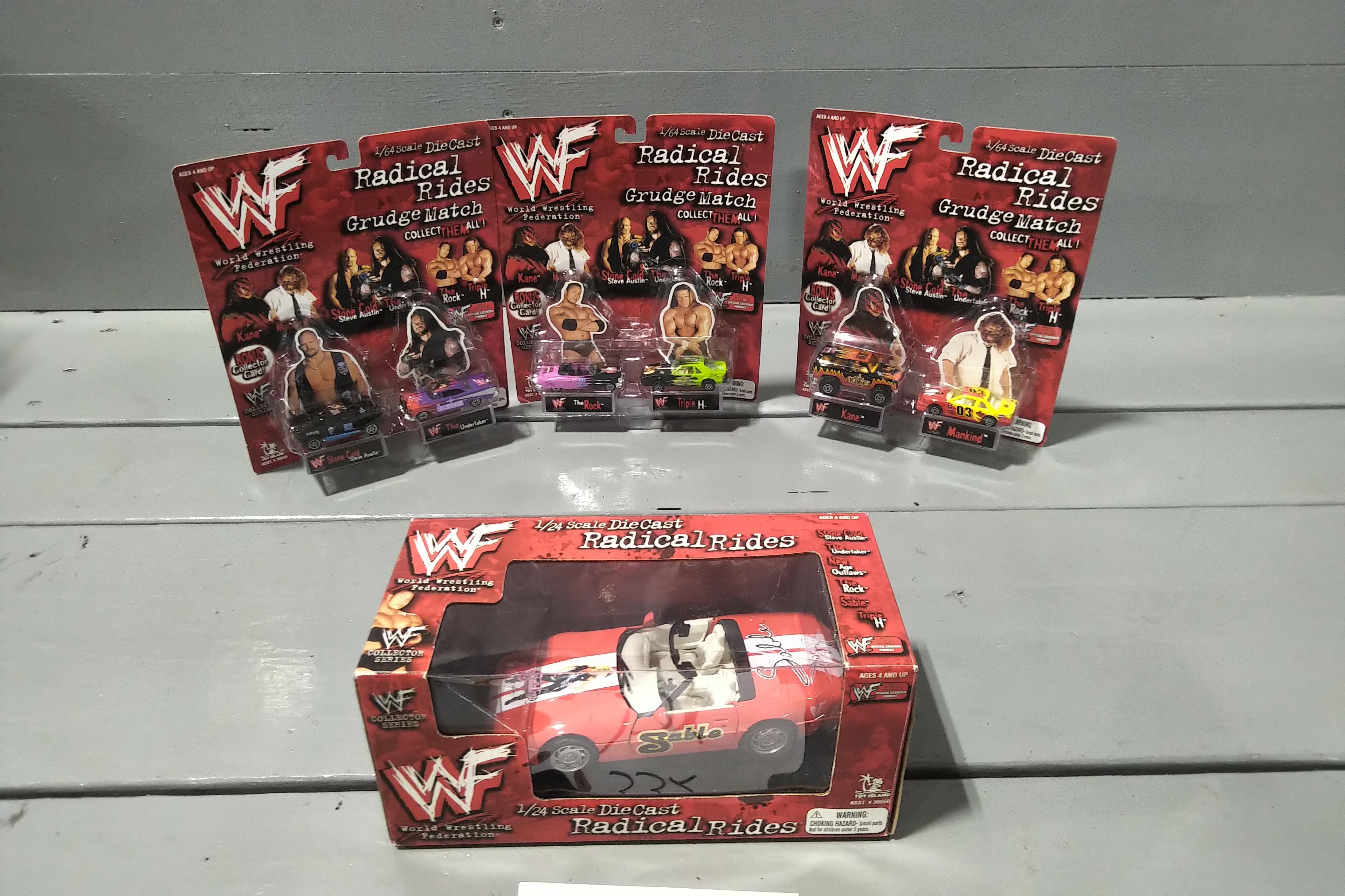 6 - 1/64 SCALE WWF CARS WITH WRESTLERS ON THEM, 1/24 SCALE WWF SABLE CAR