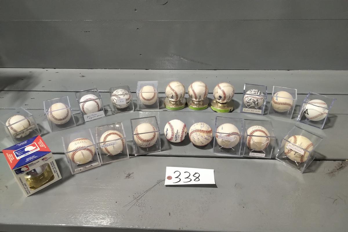 BOBLE HEAD OF BOBBY HIGGINSON, 8 - 1/64 SCALE RAIL CARS IN BOXES, 19 SIGNED BASEBALLS