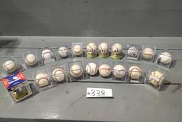 BOBLE HEAD OF BOBBY HIGGINSON, 8 - 1/64 SCALE RAIL CARS IN BOXES, 19 SIGNED BASEBALLS
