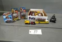 BOX OF 1/32 SCALE FIRE TRUCKS AND 1/64 SCALE CARS AND TRAINS