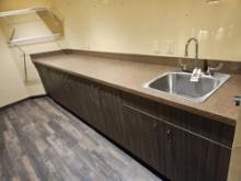cabinets, counter, sink, wall shelving