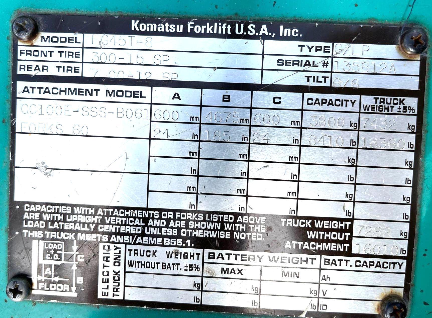 Komatsu 45 Forklift Gasoline or LP, 2112 hours