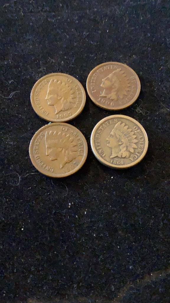 4 Indian Head Pennies 1860, 1906 1907 x 2