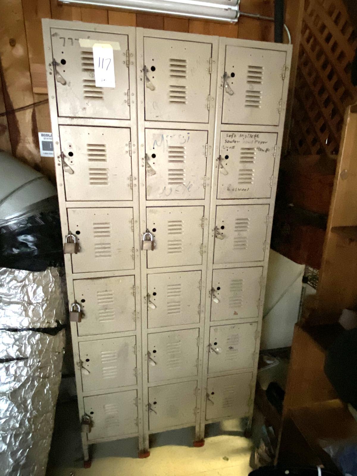 BEIGE METAL EMPLOYEE LOCKER BANK W/(18)12"X12" DOORS