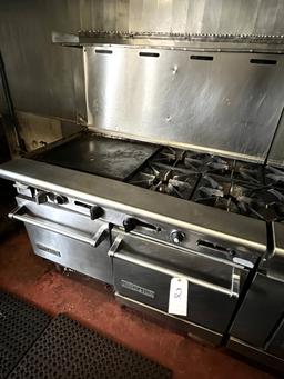 AMERICAN RANGE S/S 4-BURNER RANGE W/24" GRIDDLE & (2)OVENS (MISSING 2-BACK BURNERS/RIGHT REAR LEG)