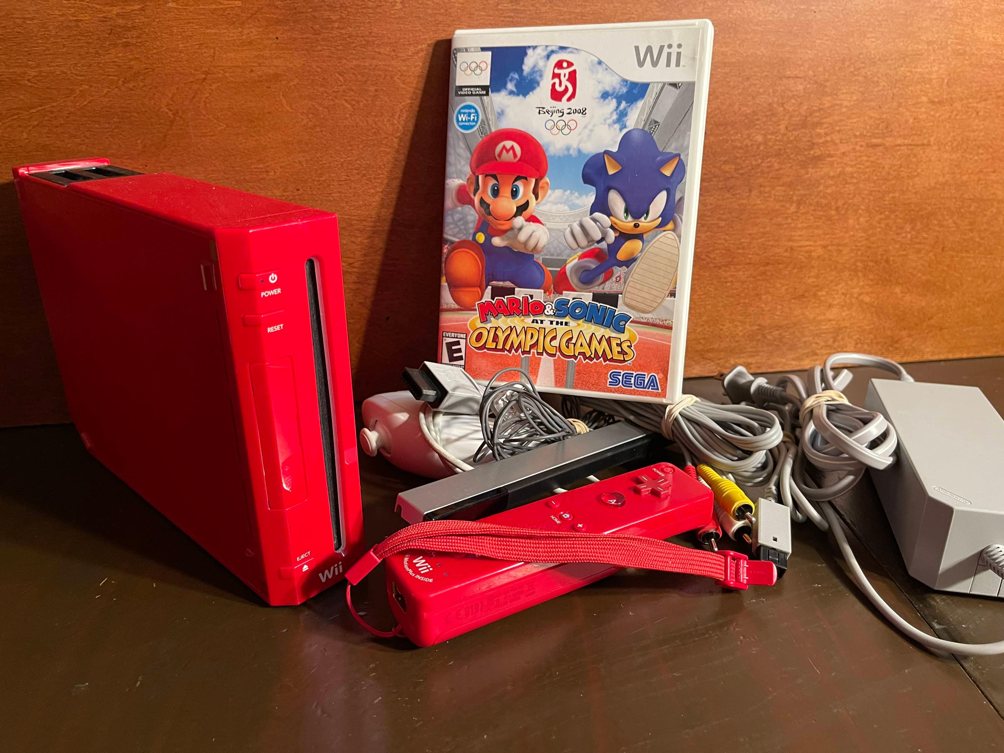 Special Edition RED Nintendo Wii System with Wires Controller Mario & Sonic Game with Case & Instruc