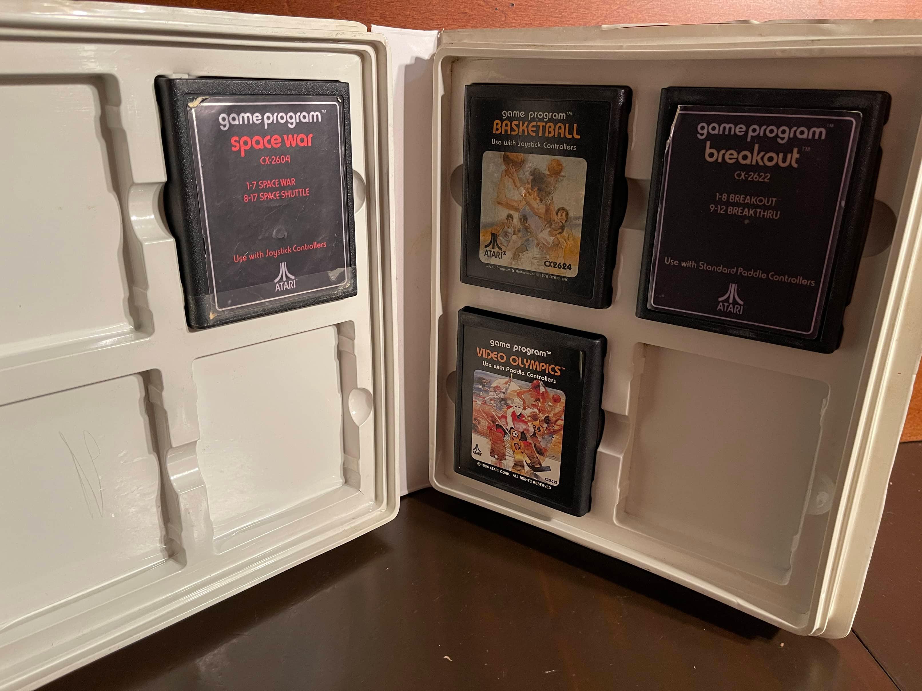 4 Atari Game Cartridges with Atari Game Case Holder Space War Basketball Breakout Video Olympics