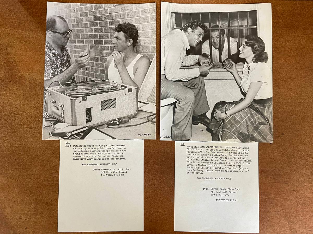 Two Photos of Andy Griffith Behind the Scenes of A Face in the Crowd 7x9 Rocky Marciano