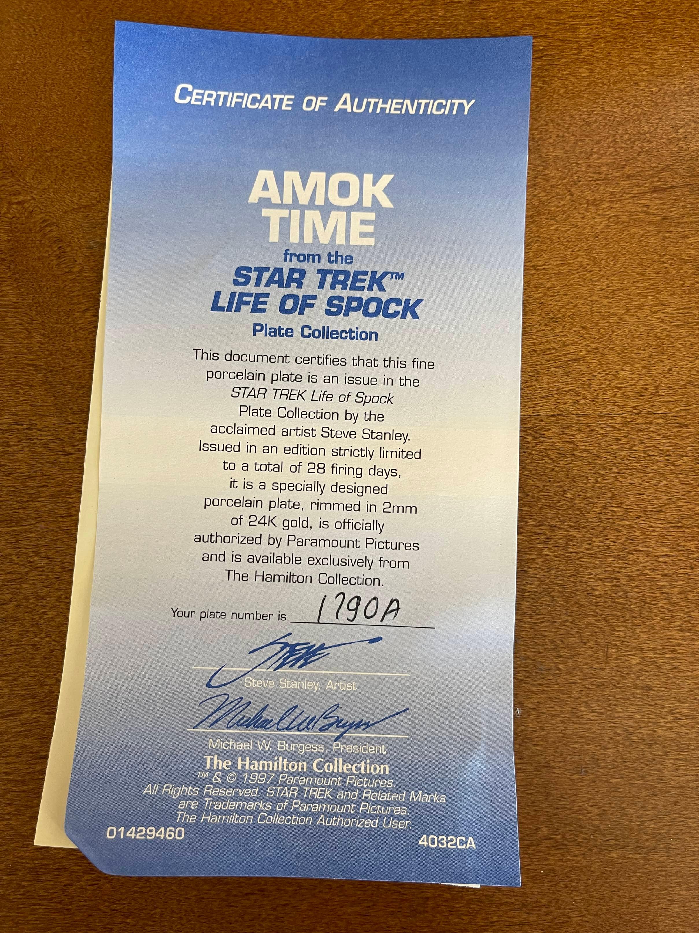 Amok Time from the Star Trek Life of Spock Plate Collection #1790A From The Hamilton Collection