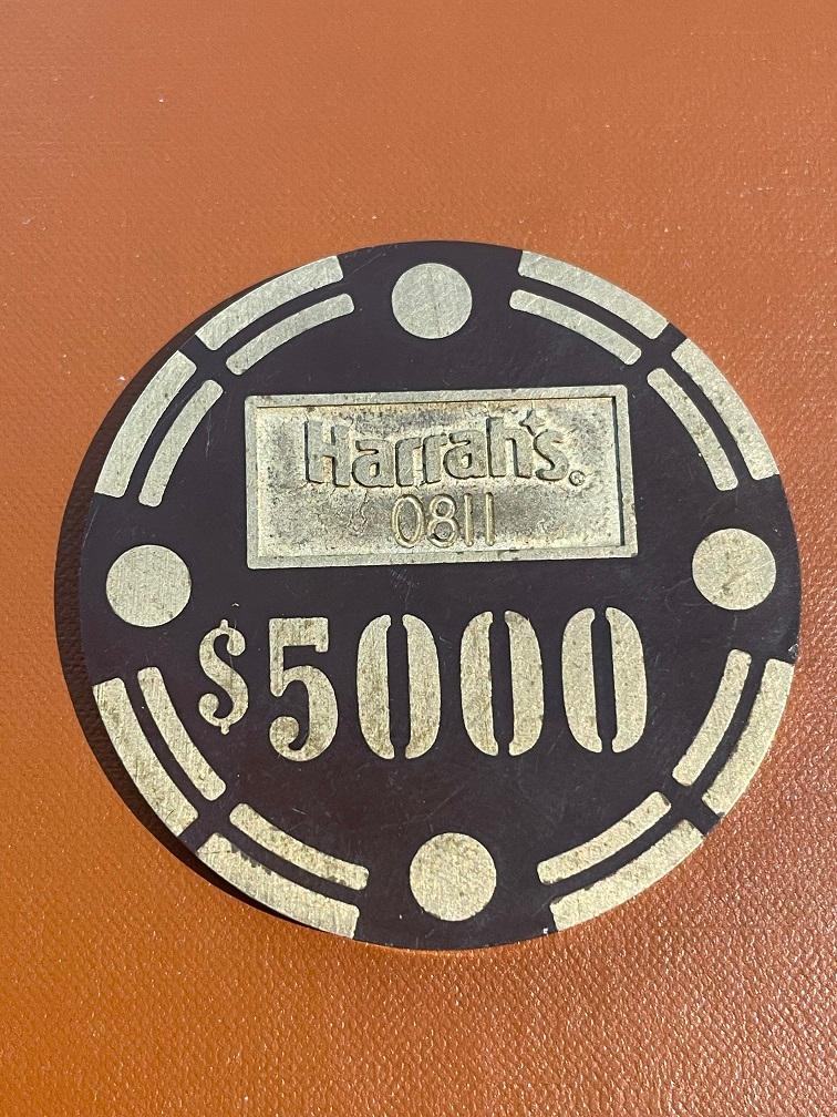 Rare $5000 Harrahs Casino Chip Brass Core From Reno/Lake Tahoe 1980s