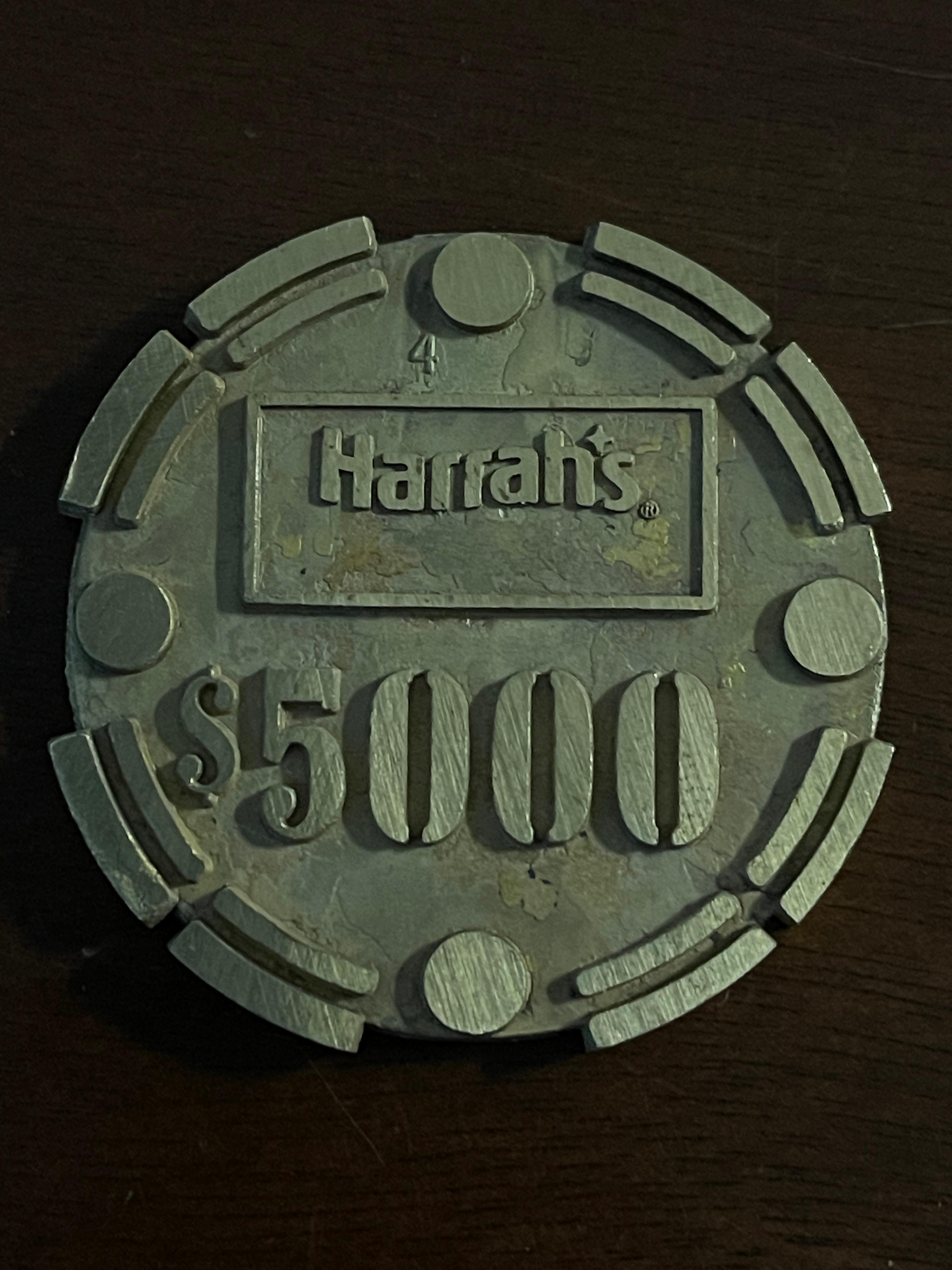 Rare $5000 Harrahs Casino Chip Brass Core From Reno/Lake Tahoe 1980s