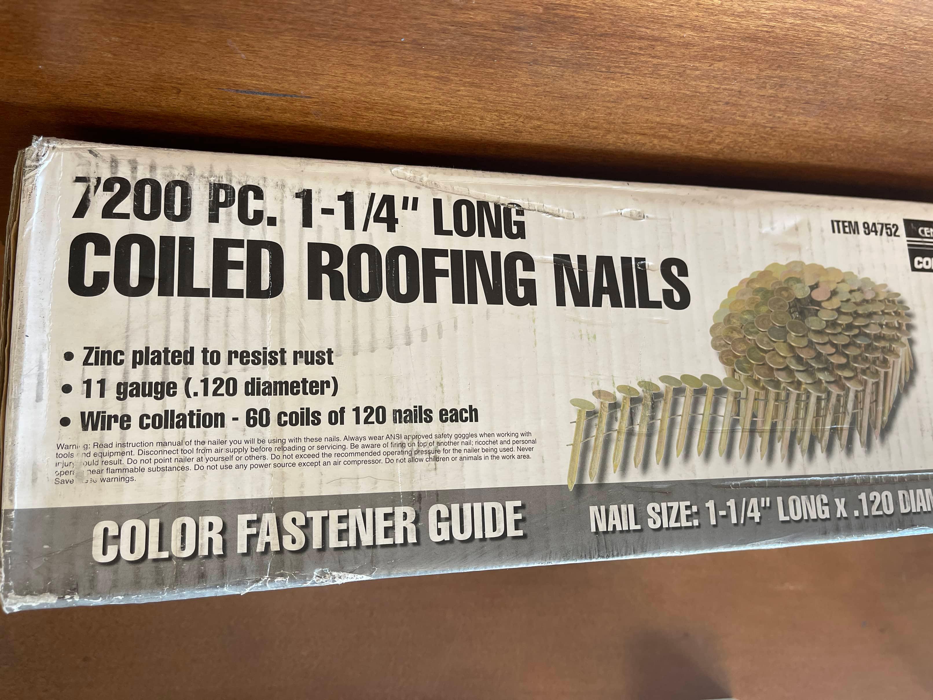 NEW Box of 7200 Piece 1-1/4" Long Coiled Roofing Nails Central Pneumatic Contractor Series Color Fas