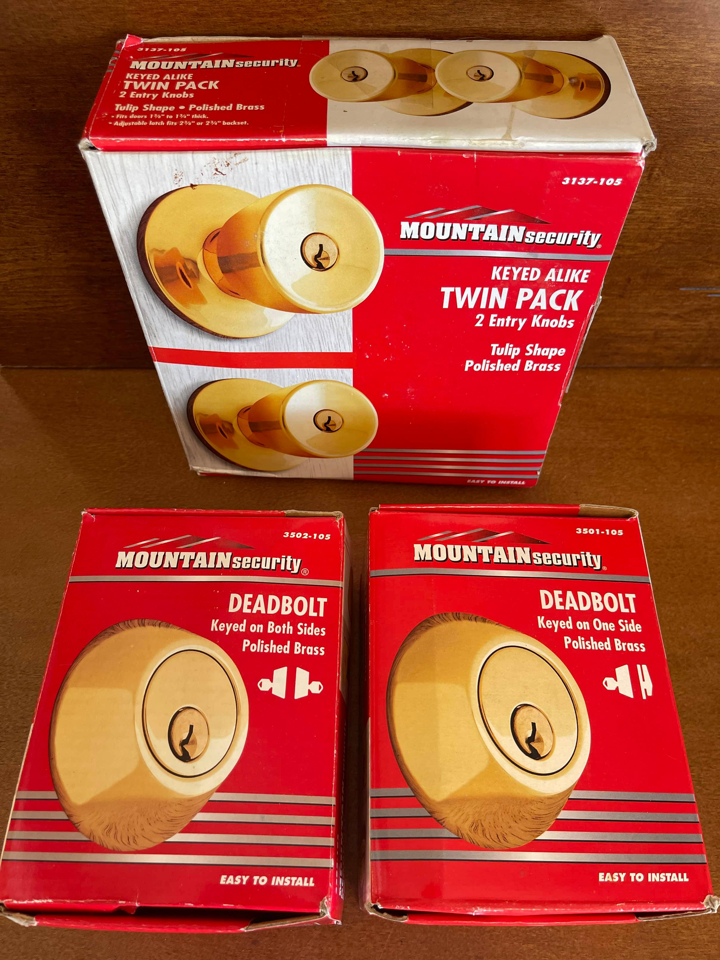 3 Boxes 2 Mountain Security Deadbolts Keyed on 1 Side & Twin Pack 2 Entry Knobs Tulip Shape Polished