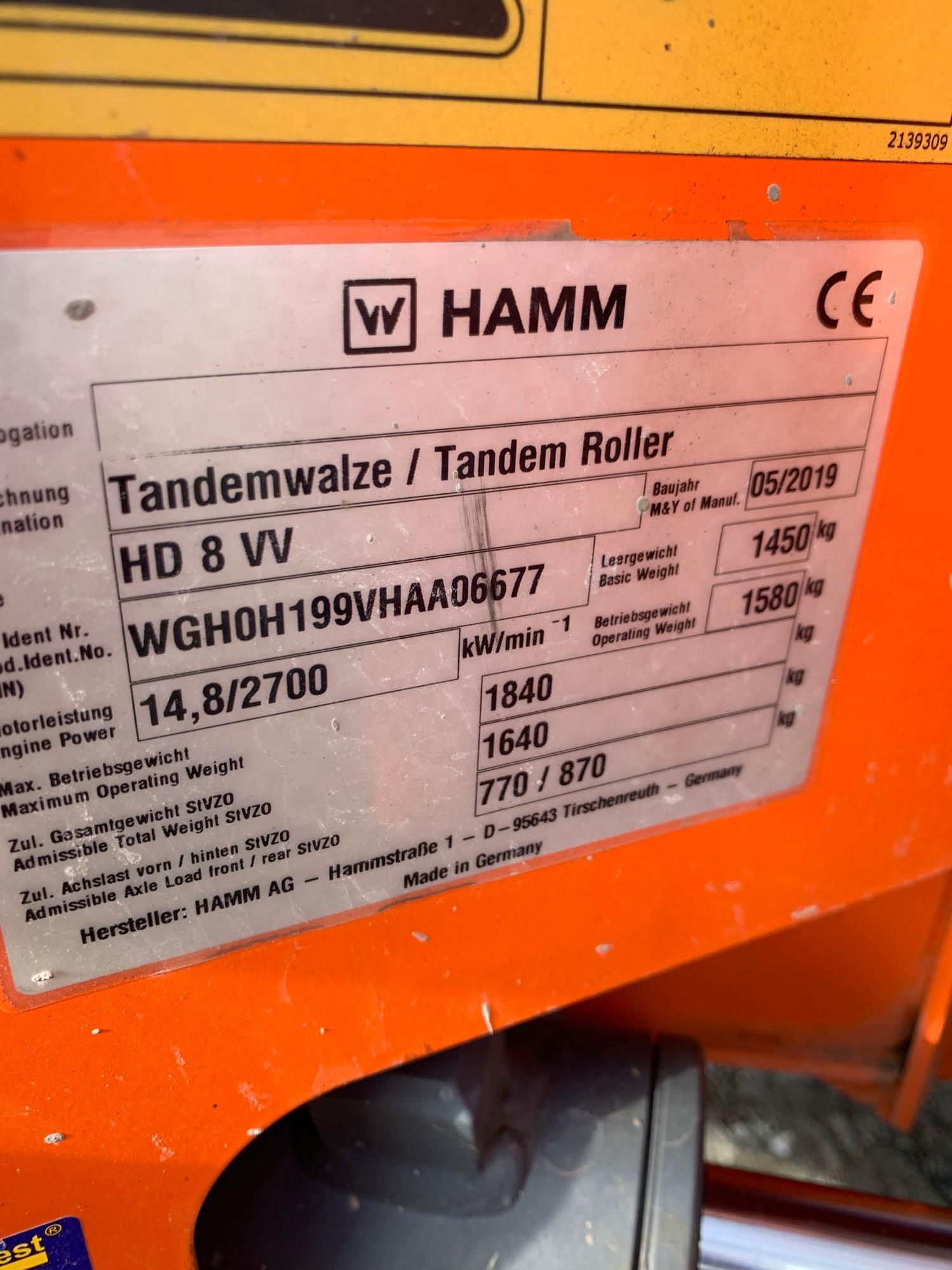 2019 HAMM HD8VV VIBRATORY TANDEM ROLLER