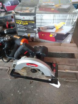 7'' Portable Tile Saw, 7 1/4 Circulating Saw, Battery Charger, Heat Gun & Electric Body Saw