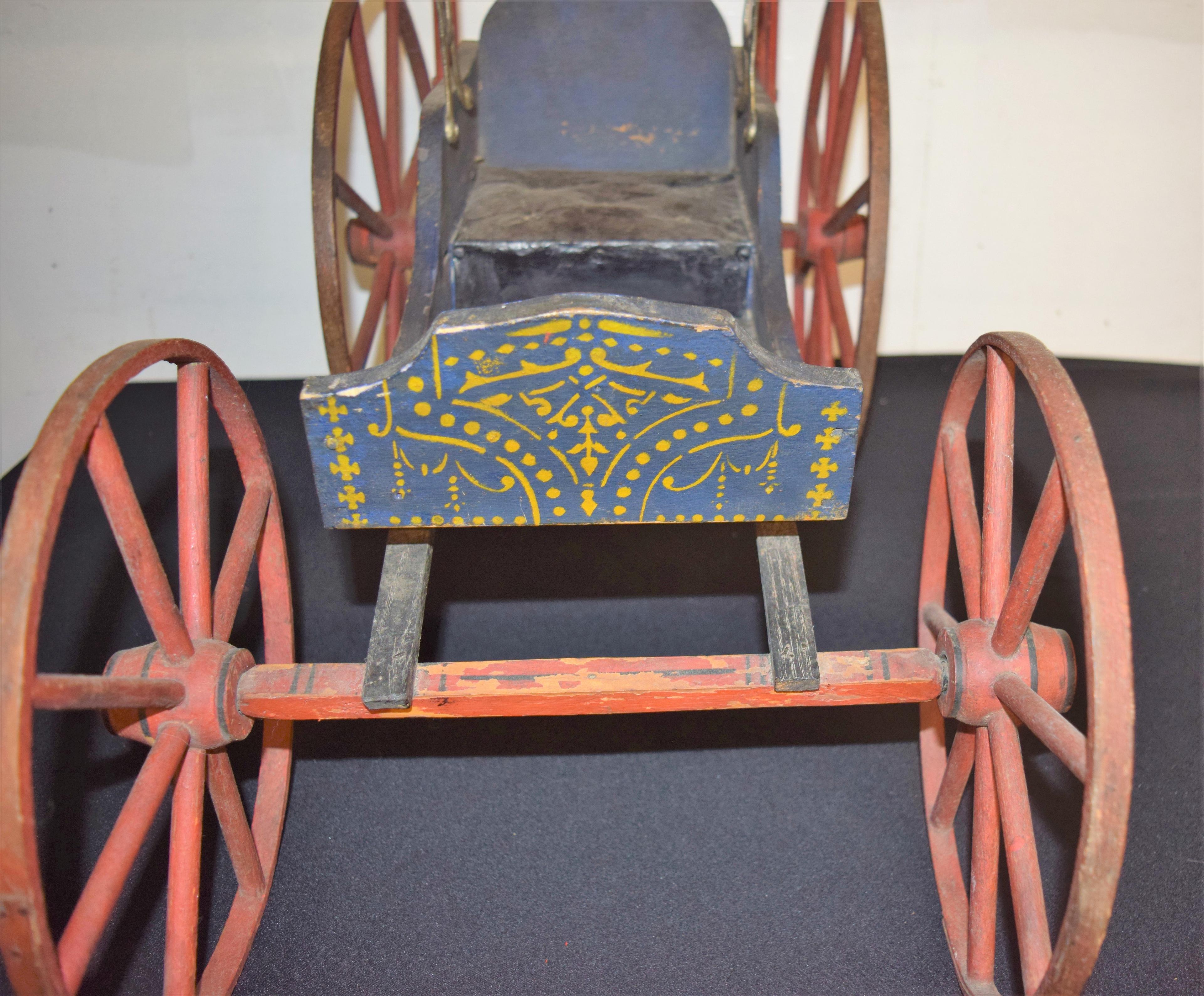 1800's Child's Wooden Doll Carriage in original blue pt