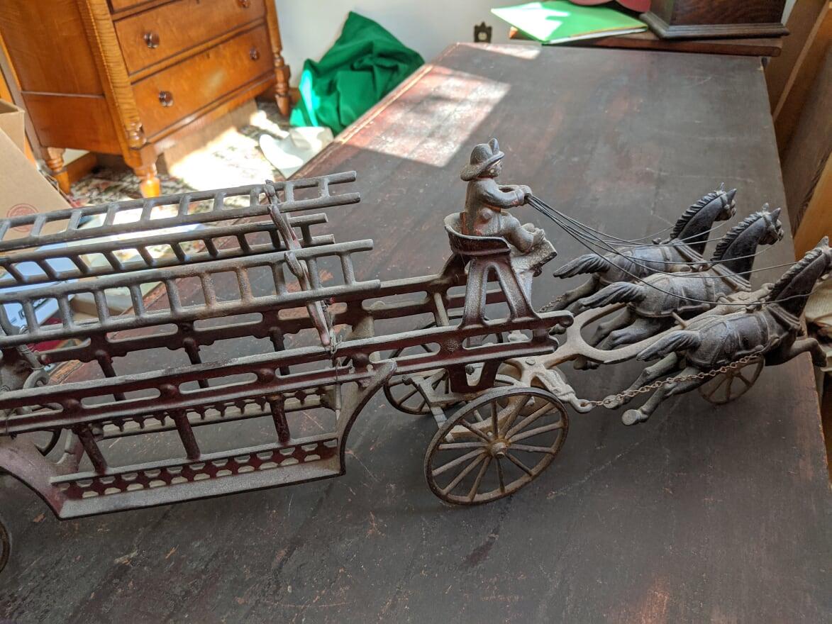 Early Cast Iron 3-Horse Drawn Fire Ladder Wagon