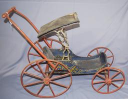 1800's Stenciled Wooden Doll Carriage in Blue Paint
