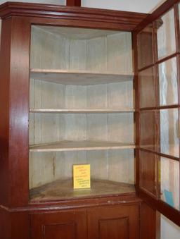 19th Century 12 Pane 2 Pc. Country Corner Cupboard in Red Paint w/ Wavy Glass