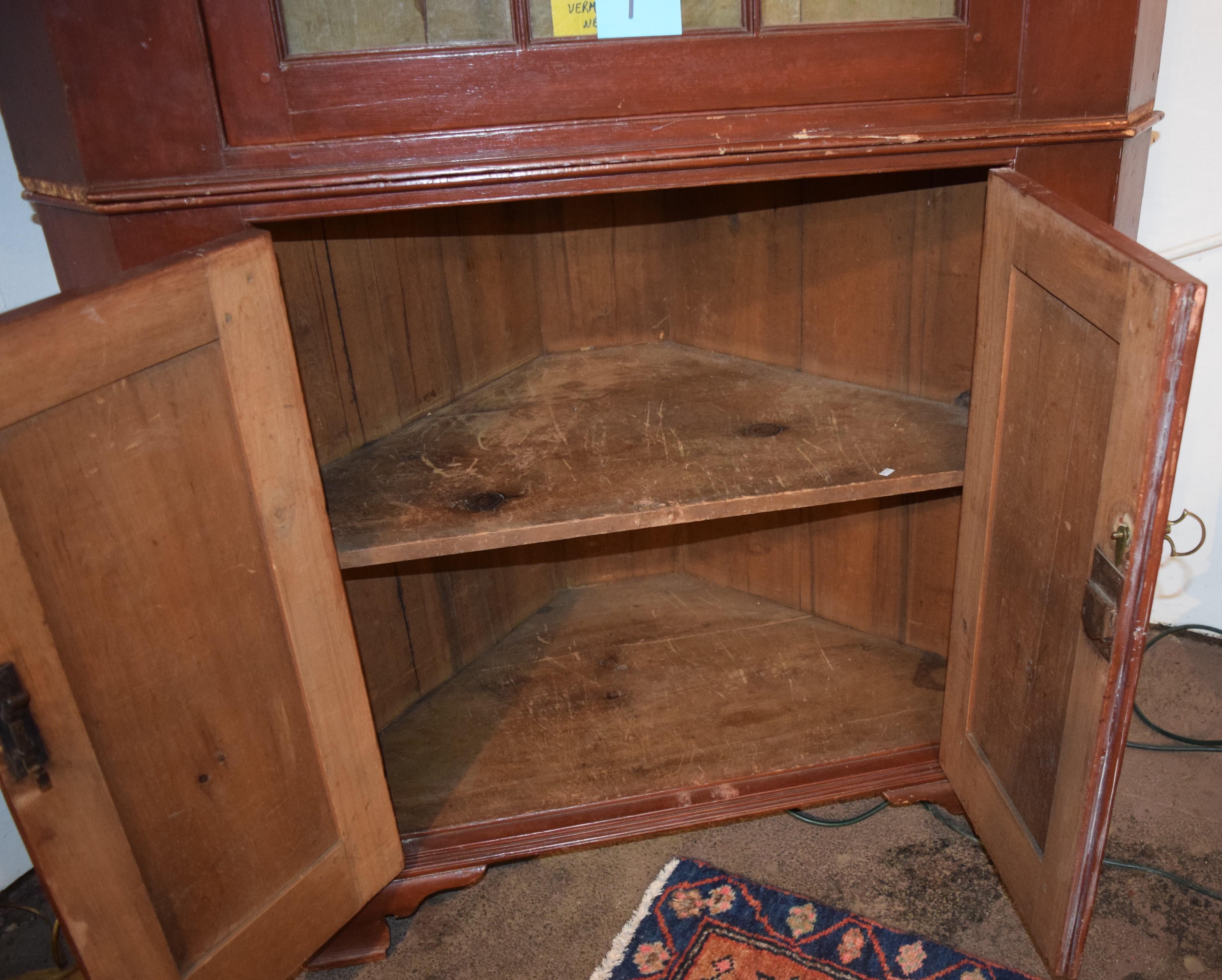 19th Century 12 Pane 2 Pc. Country Corner Cupboard in Red Paint w/ Wavy Glass